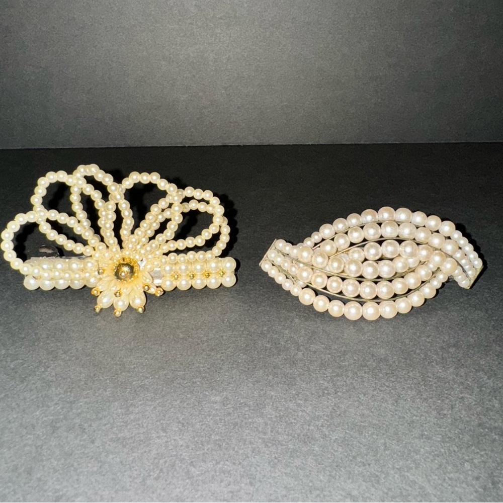 2 Vintage Beaded Faux Pearl Hair Clasp Clip Barrettes